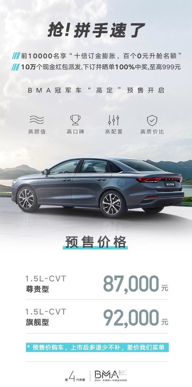 第4代帝豪预售价8.7万元起 预售福利总价值达2万元