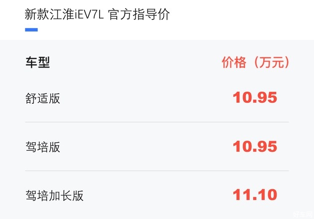 新款江淮iEV7L正式上市 售10.95-11.10万元
